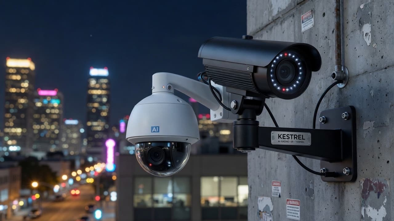 Kestrel branded AI dome and bullet security cameras on a building exterior