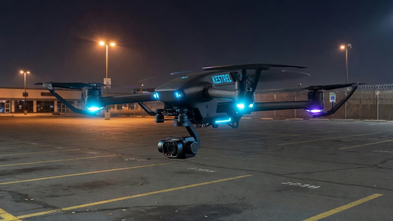 Kestrel autonomous response drone with cyan lights and branded body