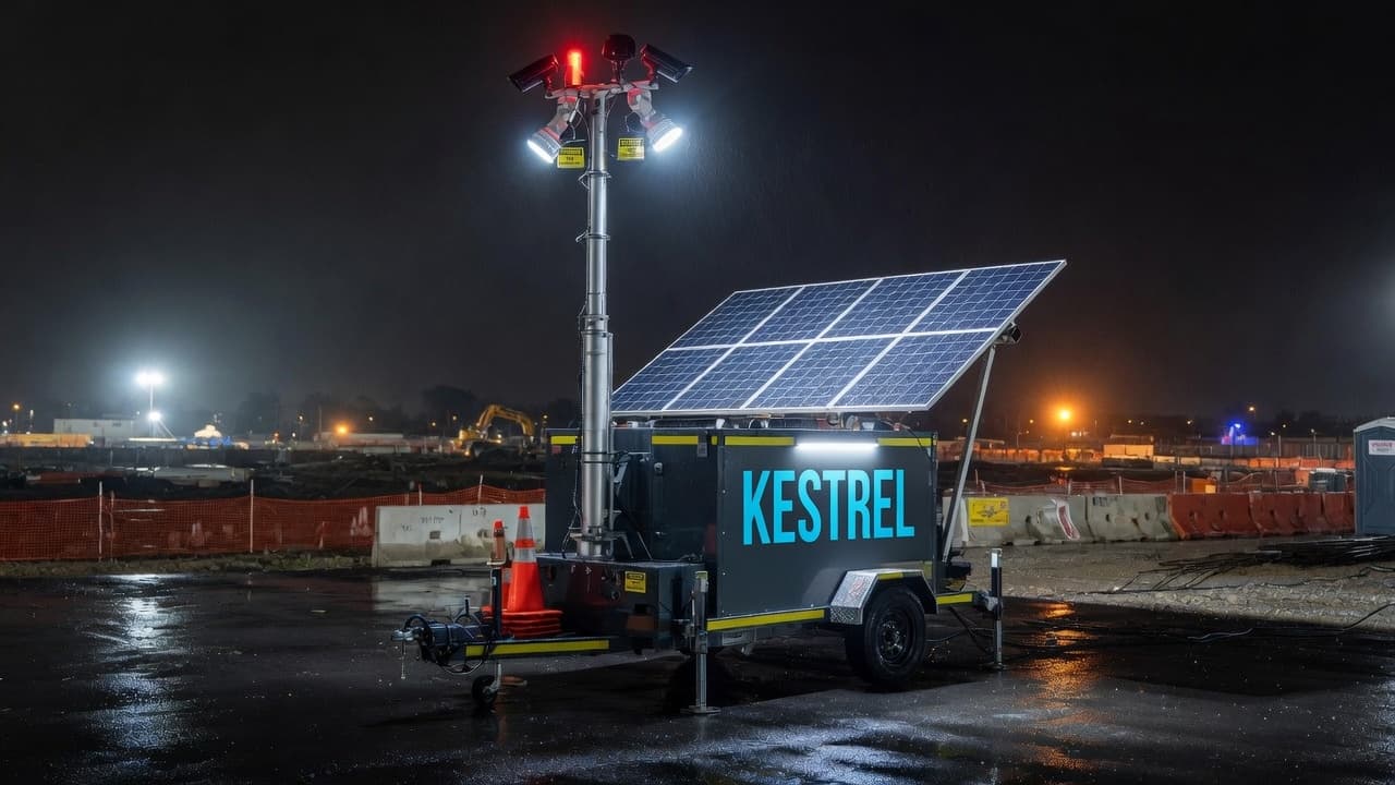 Kestrel solar surveillance tower with branded enclosure on a jobsite at night